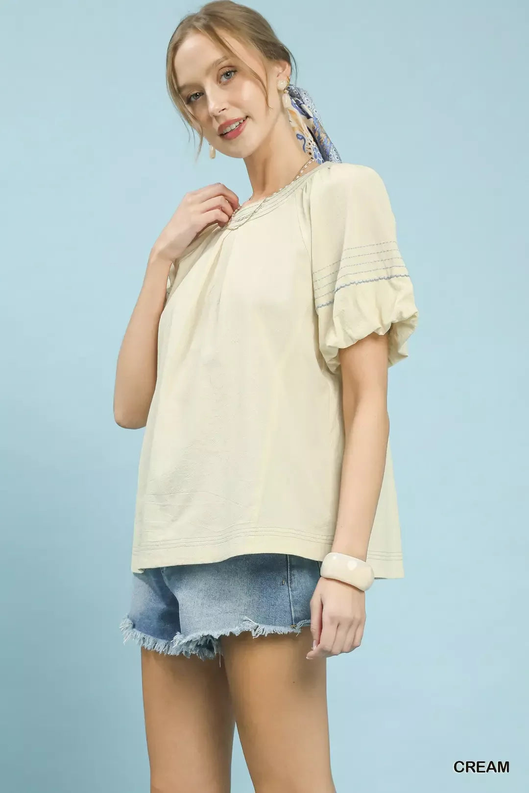 Cream Umgee Round Neck Puff Sleeve Top With Contrast Stitch Detail