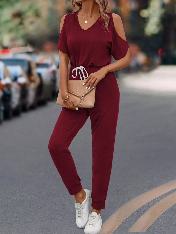 Cold Shoulder V Neck Drawstring Waist Jumpsuit