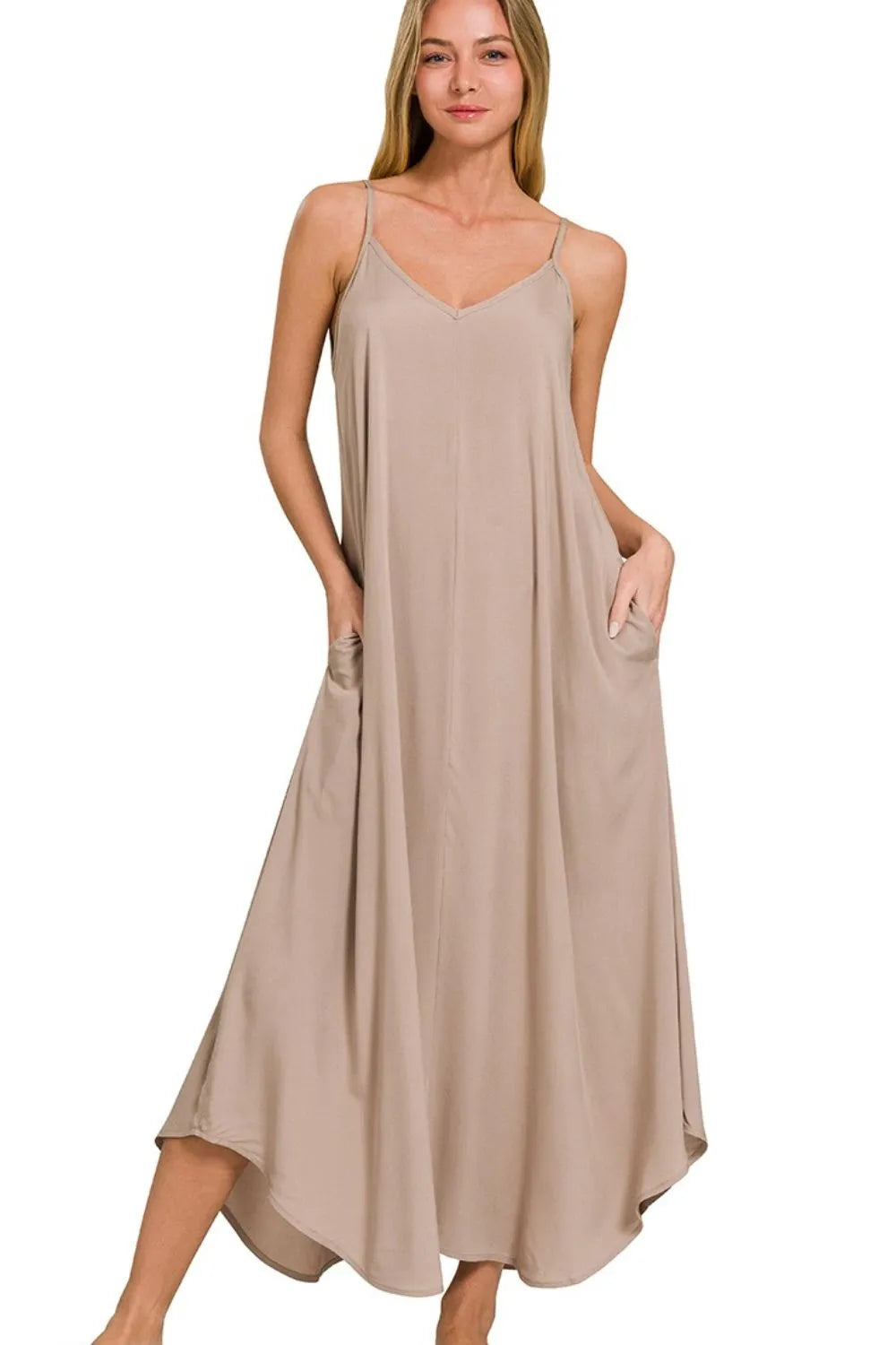 Lt Mocha Zenana Woven Arc Hem Cami Dress With Flowy Pockets 1