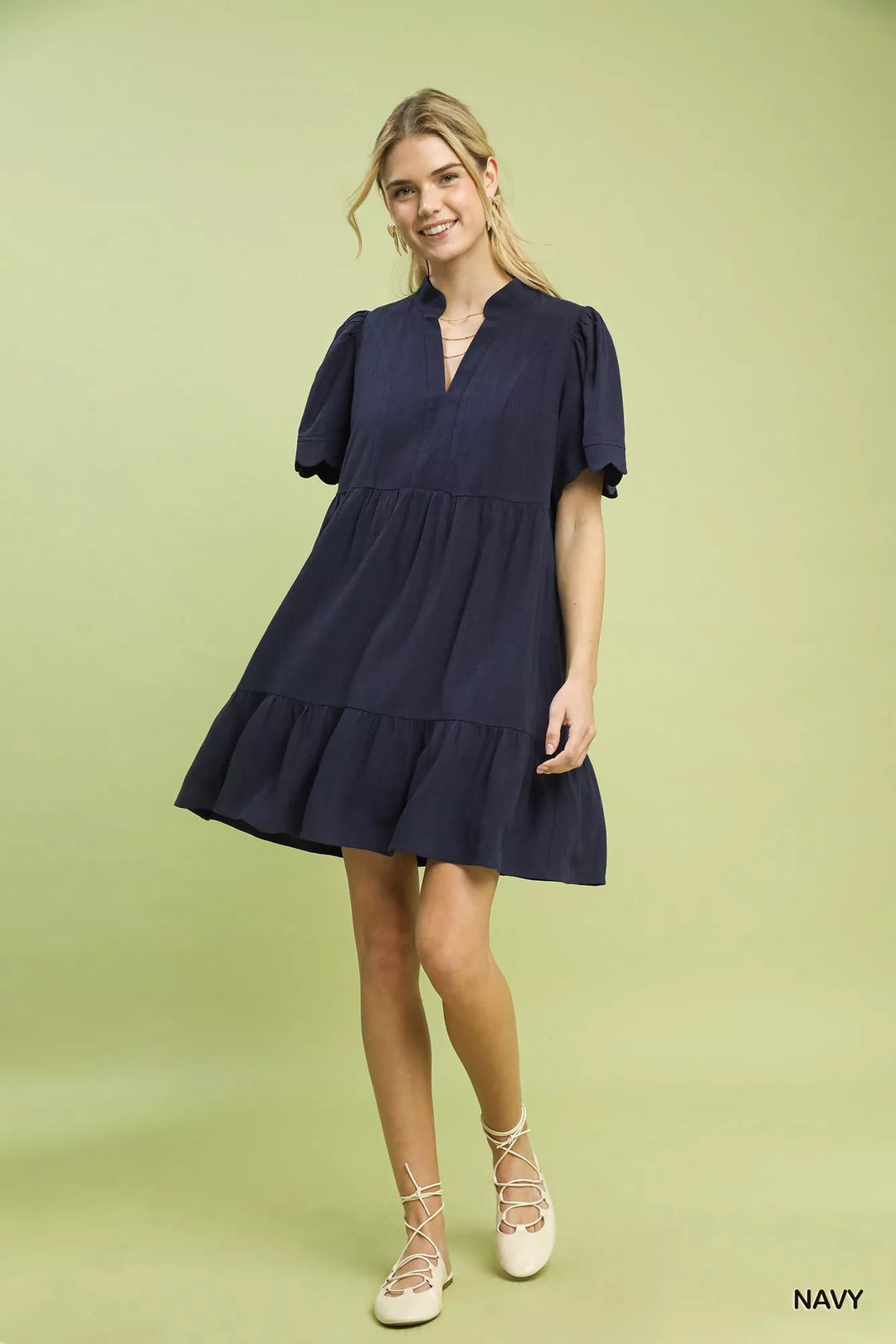 Umgee Linen Tiered Babydoll Dress With Scalloped Sleeves