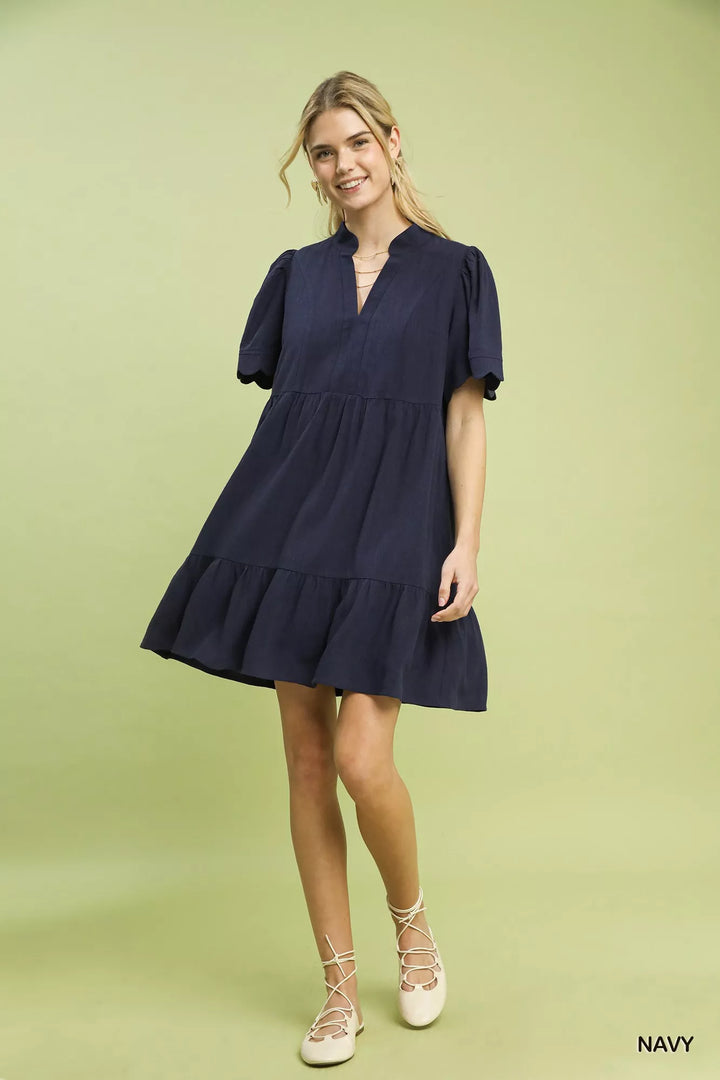 Umgee Linen Tiered Babydoll Dress With Scalloped Sleeves