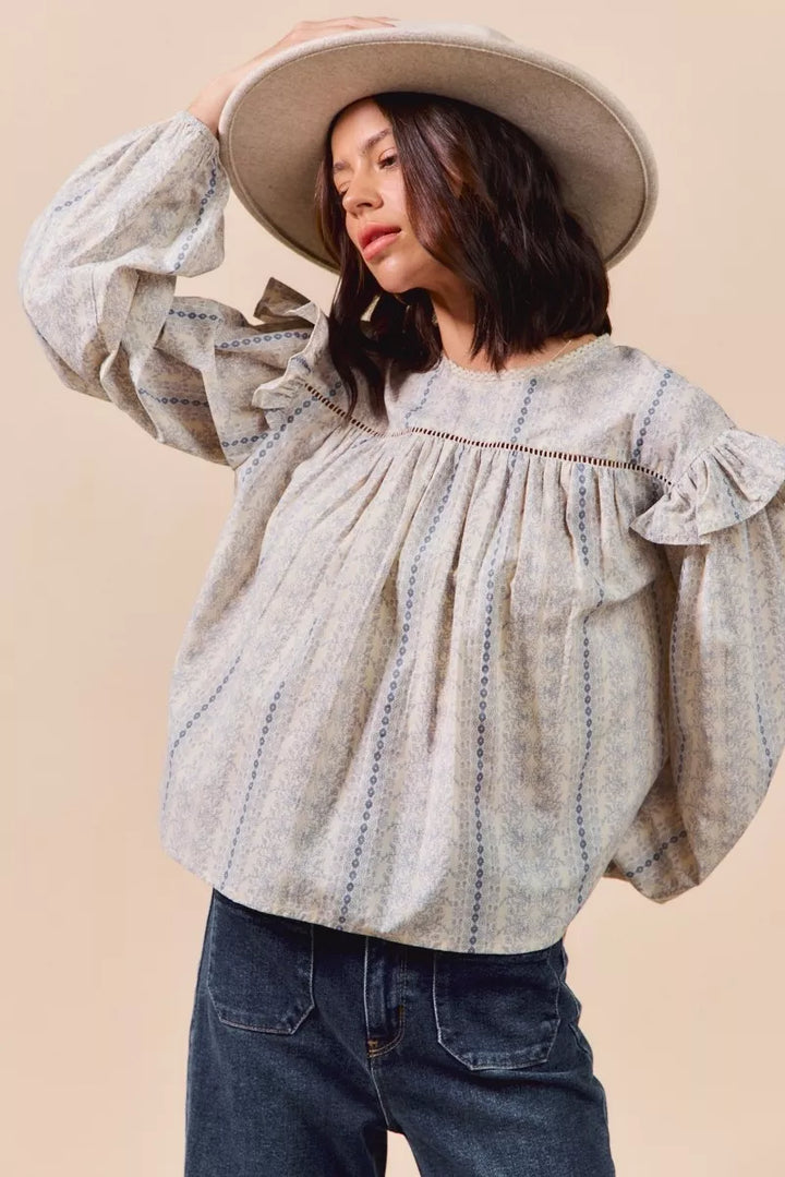 So Me Floral Cotton Print Ruffled Long Sleeve Blouse