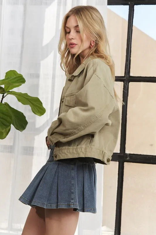 Beige Adora Canvas Button Up Front Denim Jacket