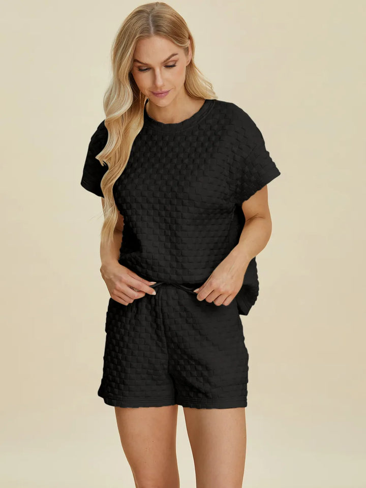Double Take Full Size Texture T Shirt And Shorts Set