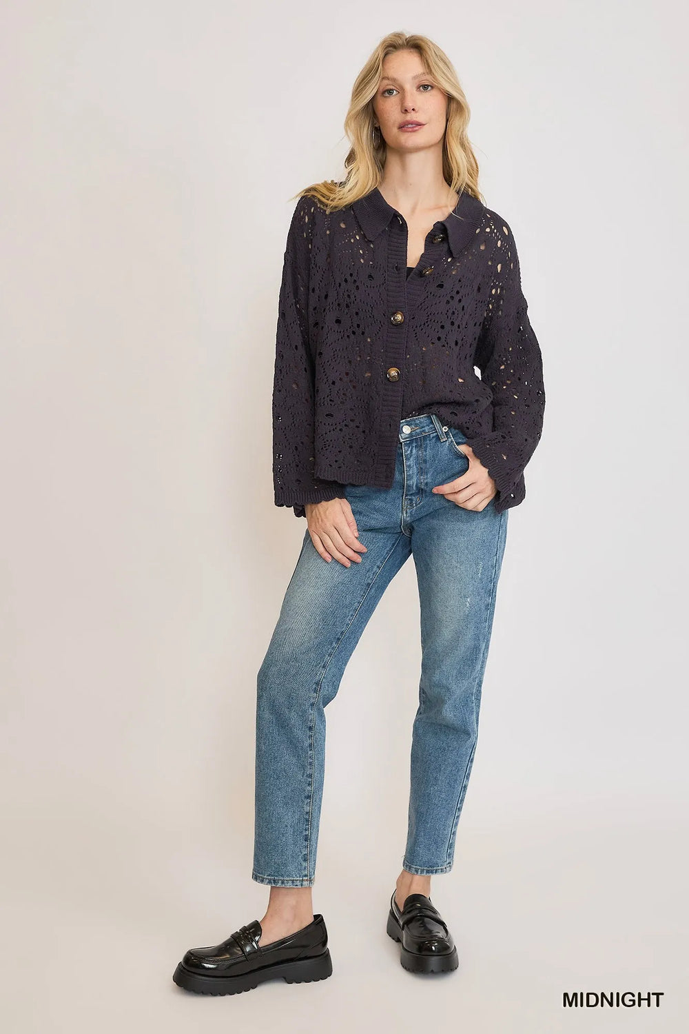 Midnight Umgee Hollow Out Button Down Cardigan