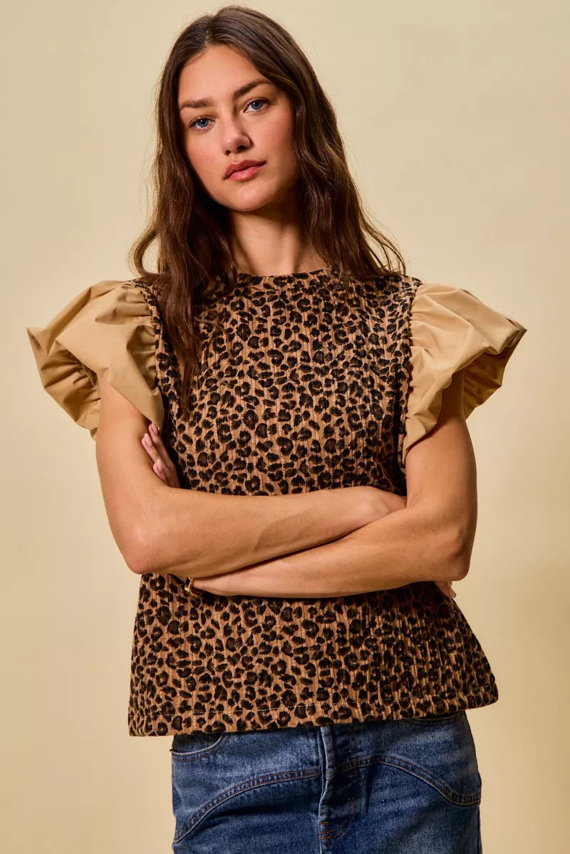 Leopard/Taupe So Me Leopard Pointelle Knit Top With Puff Sleeves