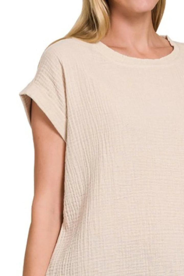 Sand Beige Zenana Double Gauze Round Neck Folded Short Sleeve Top