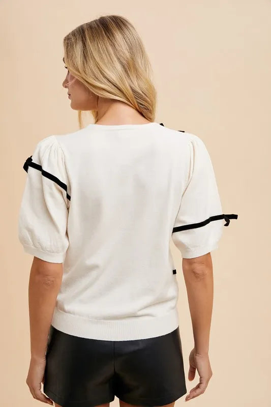 White Annie Wear Striped Bow Round Neck Knit Top