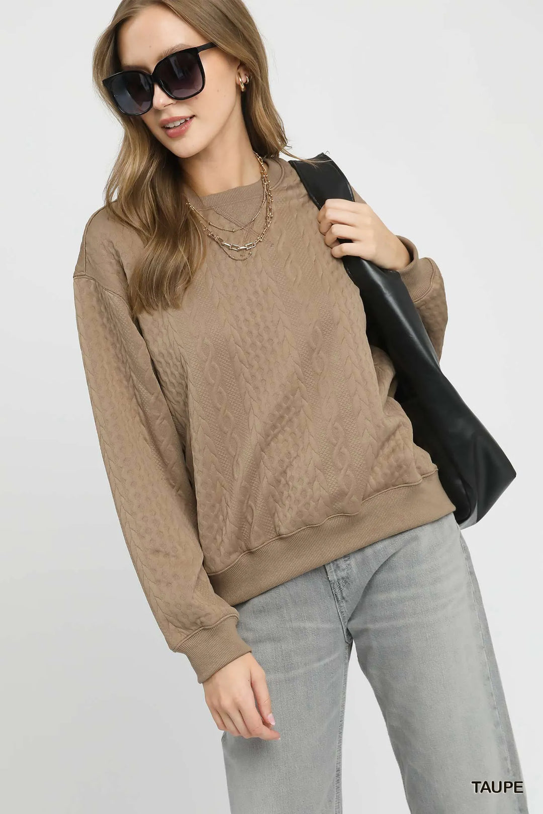 Taupe Umgee Cable Texture Pattern Sweatshirt With Ribbed Hem