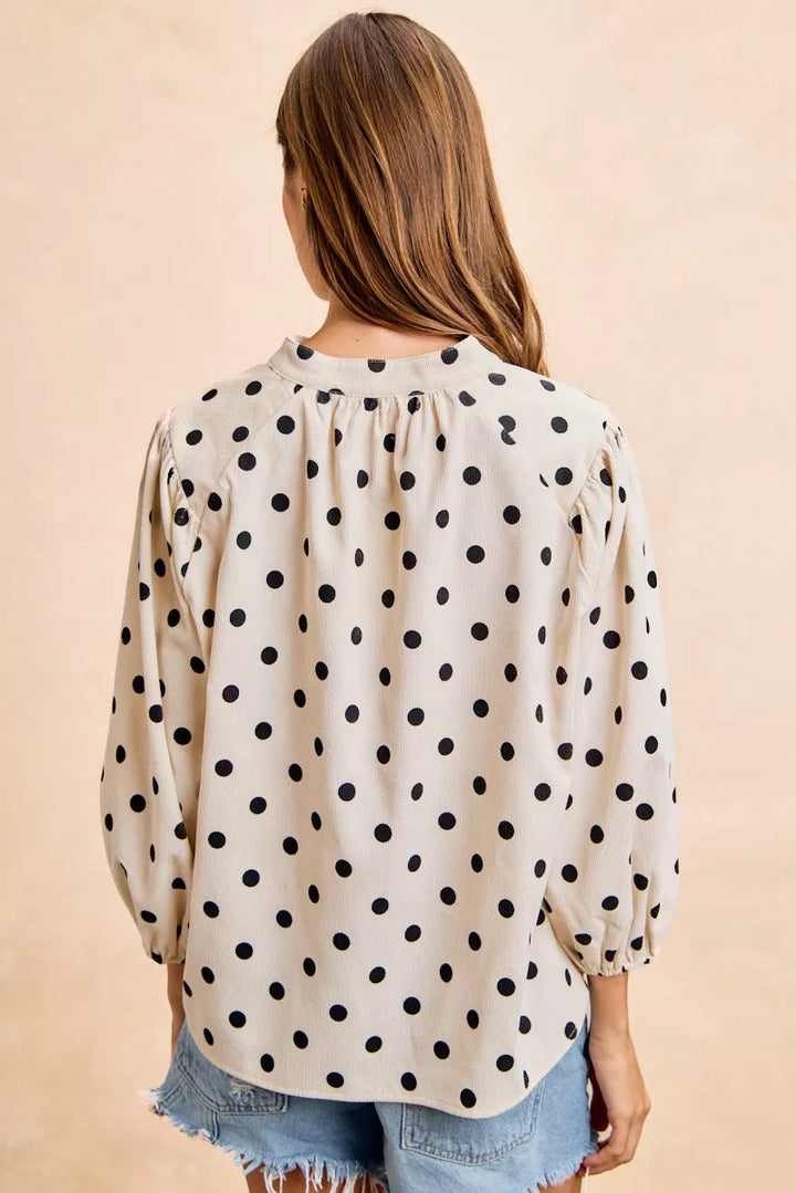 Bibi Polka Dot Corduroy Quarter Sleeves V Neck Blouse
