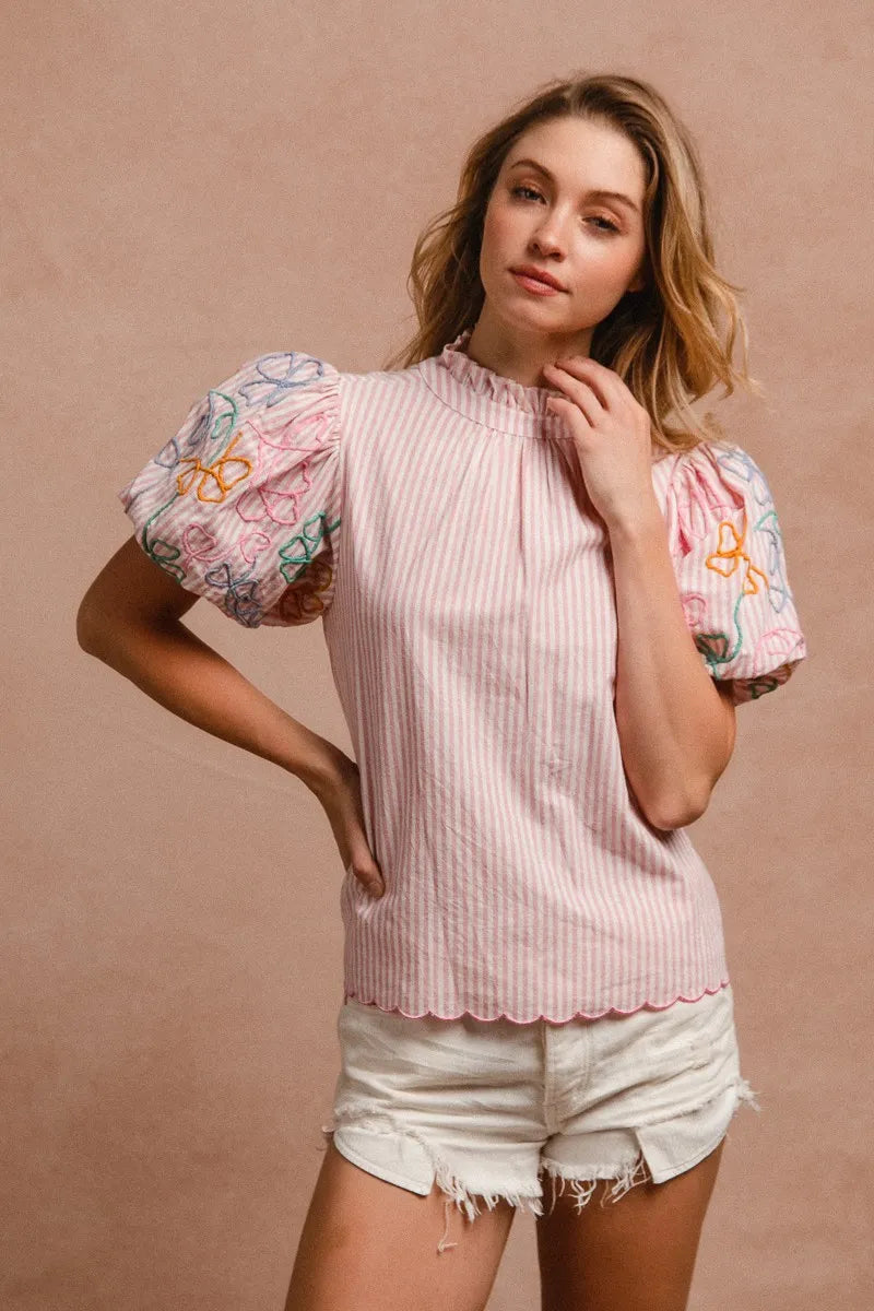 Rose Pink Bibi Embroidery Bubble Sleeve Top With Bottom Scallop Detail