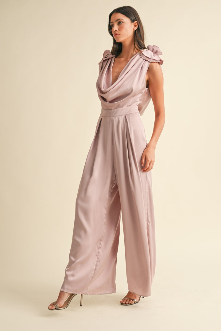 Dusty Mauve Mable 3D Floral Applique Deep Cowl Neck Jumpsuit