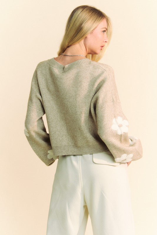 Tan Davi Dani Floral Drop Shoulder Cropped Sweater