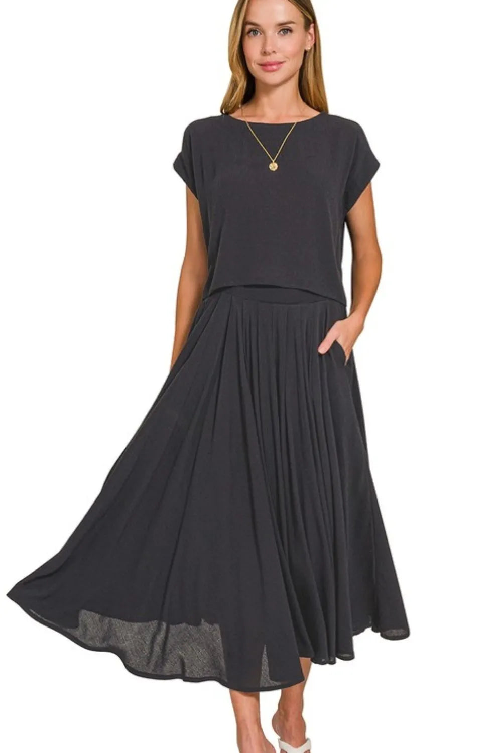 Black Zenana Woven Crinkle Gauze Crop Tee And Skirt Set 2