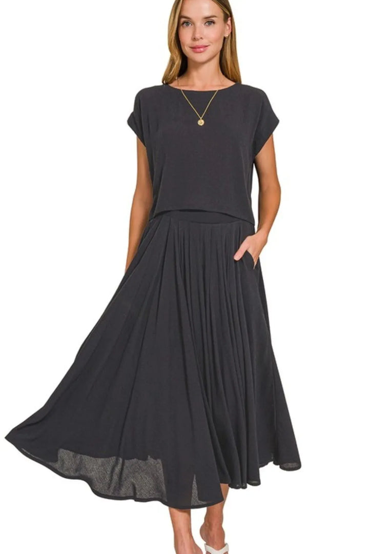 Black Zenana Woven Crinkle Gauze Crop Tee And Skirt Set 2