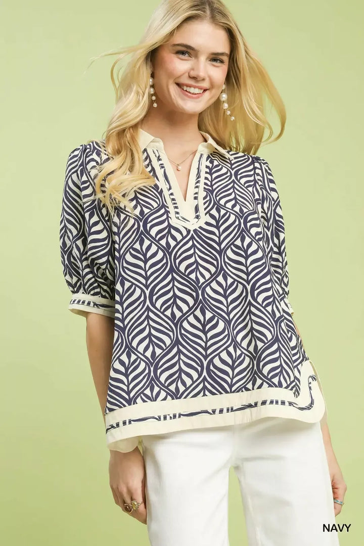 Navy Umgee Geometric Leaf Print Popover Top