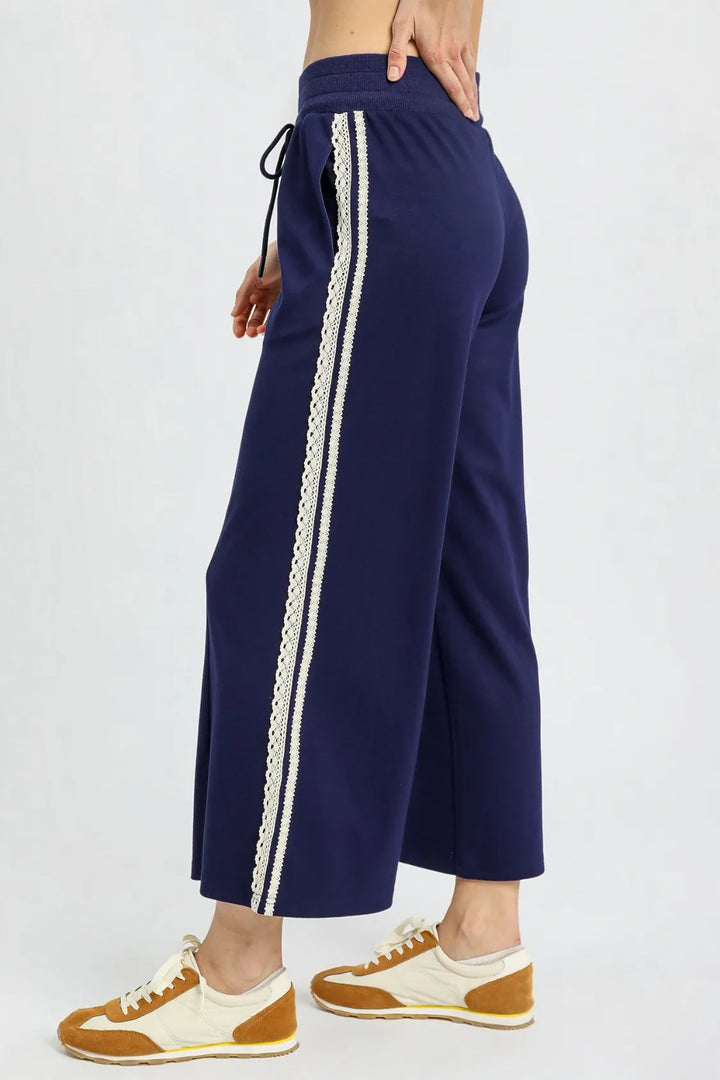 Navy Umgee Wide Leg Pants With Lace Trim