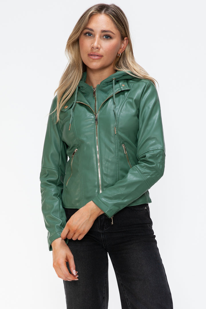 Sage Snobbish Faux Leather Zip Up Drawstring Hooded Jacket