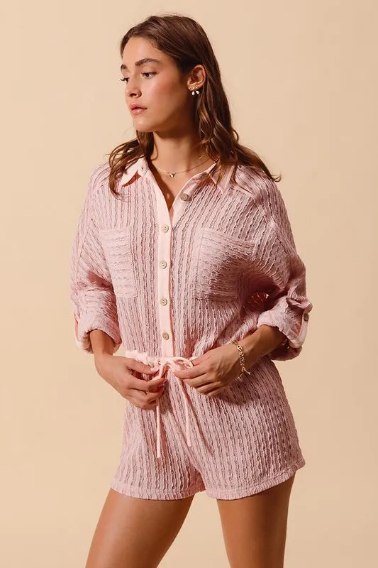 Dusty Pink So Me Textured Knit Button Front Romper