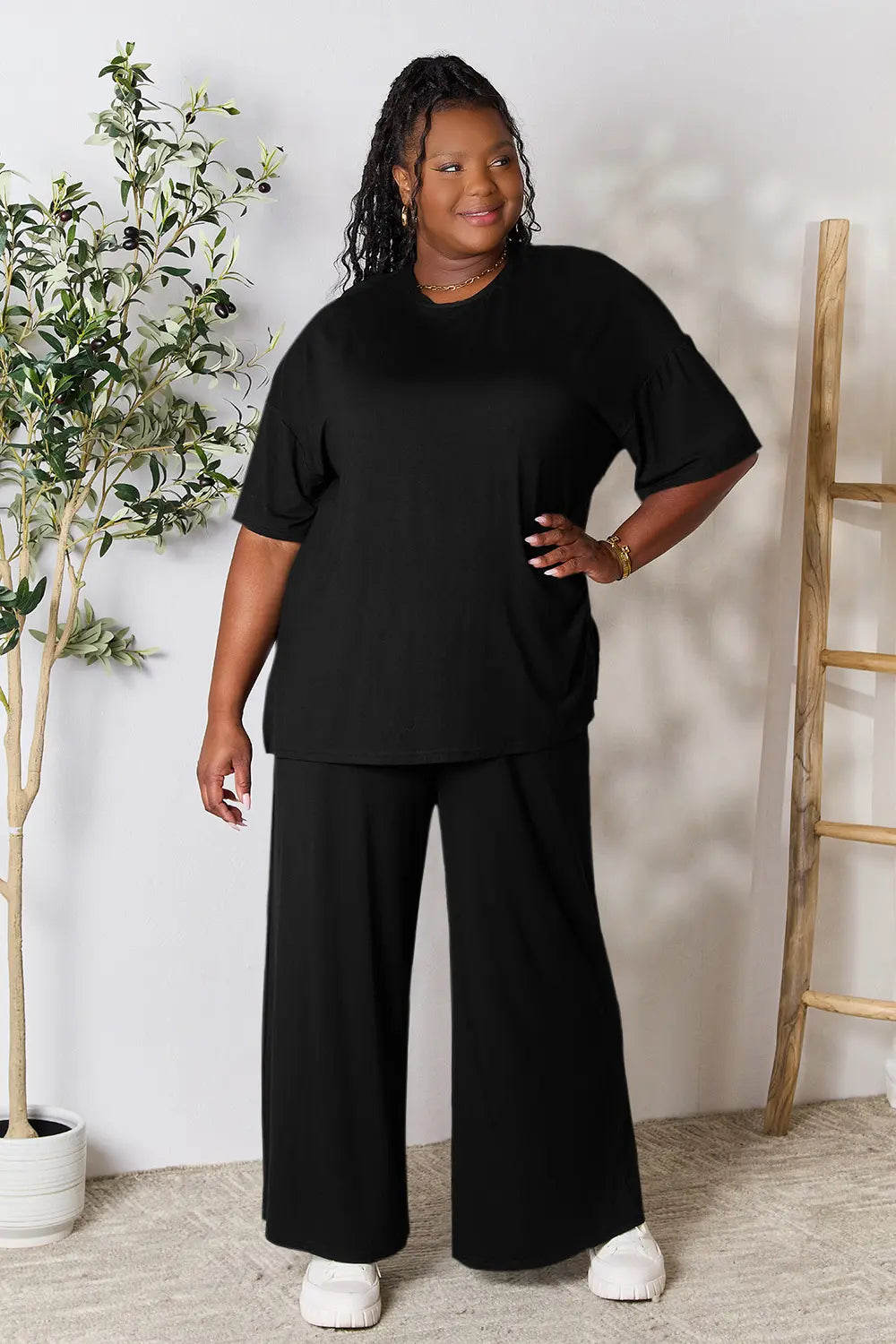 Black Double Take Full Size Round Neck Slit Top And Pants Set