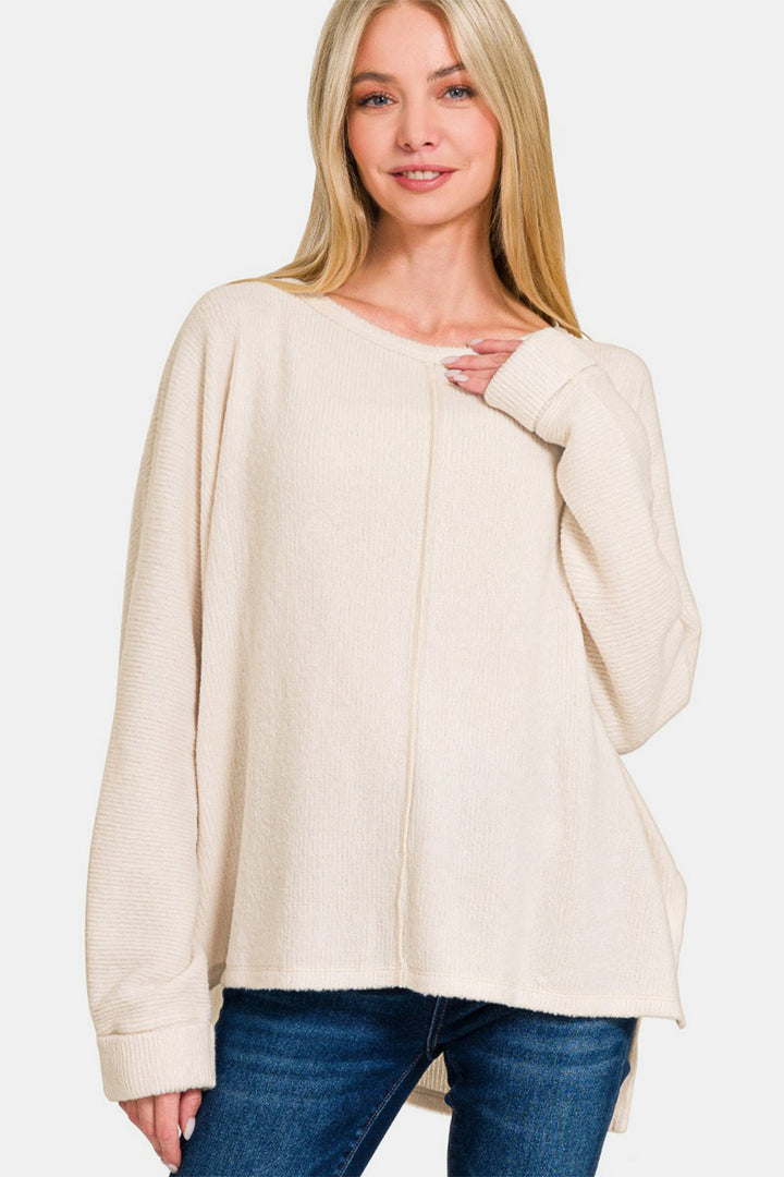 Sand Beige Zenana High Low Side Slit Round Neck T Shirt