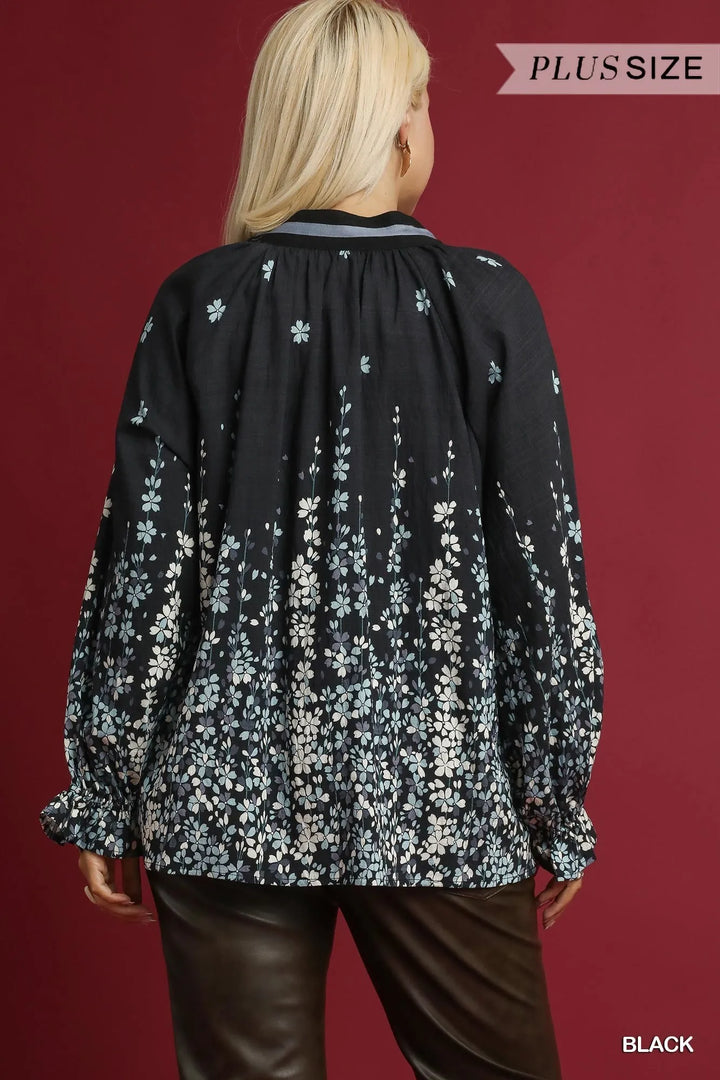 Umgee Full Size Floral Vine Print Blouse With Balloon Sleeves Plus Size