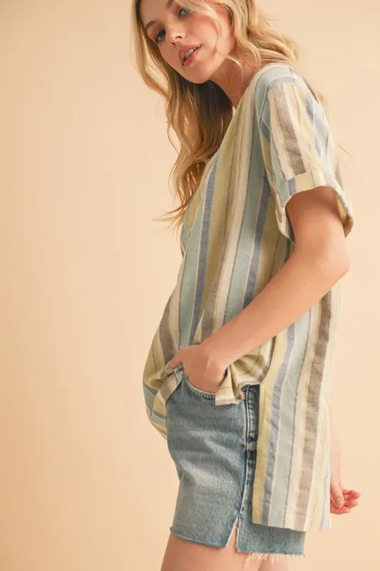 Blue Green Aemi Co Side Slit Striped Short Sleeve Blouse