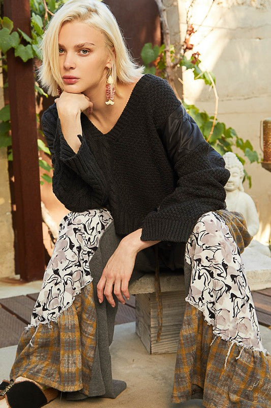 Black Pol Cable Knit Quilting Patch V Neck Sweater