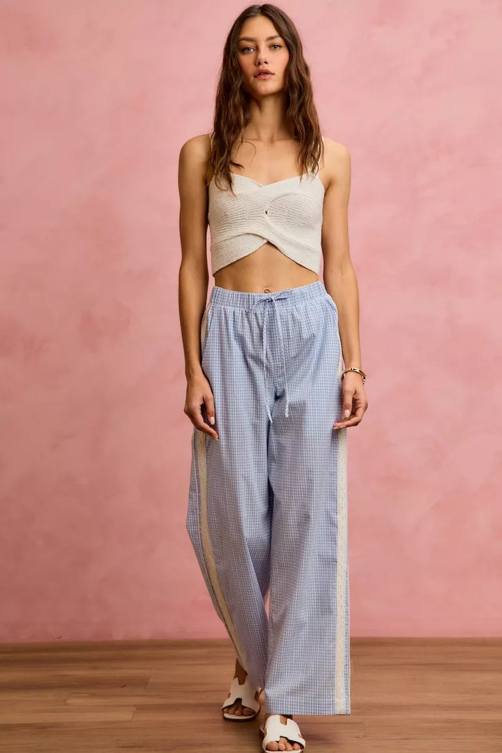 So Me Wide Check Pants With Side Lace Trim And Piping