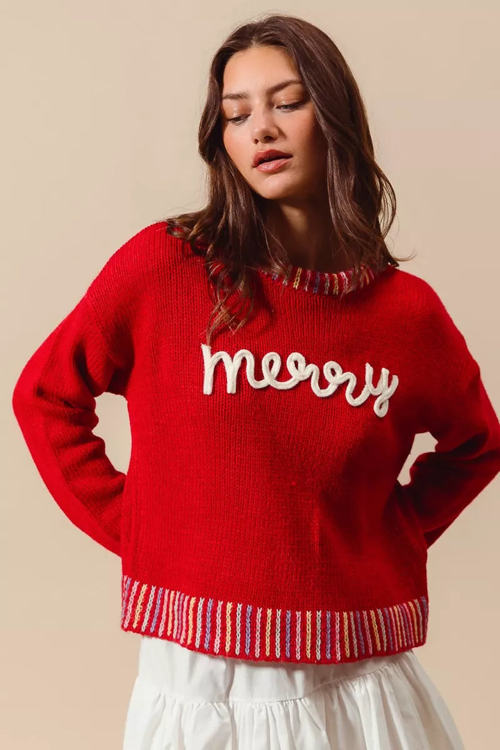 Red/Ivory So Me Merry Lettering Embroidered Christmas Sweater
