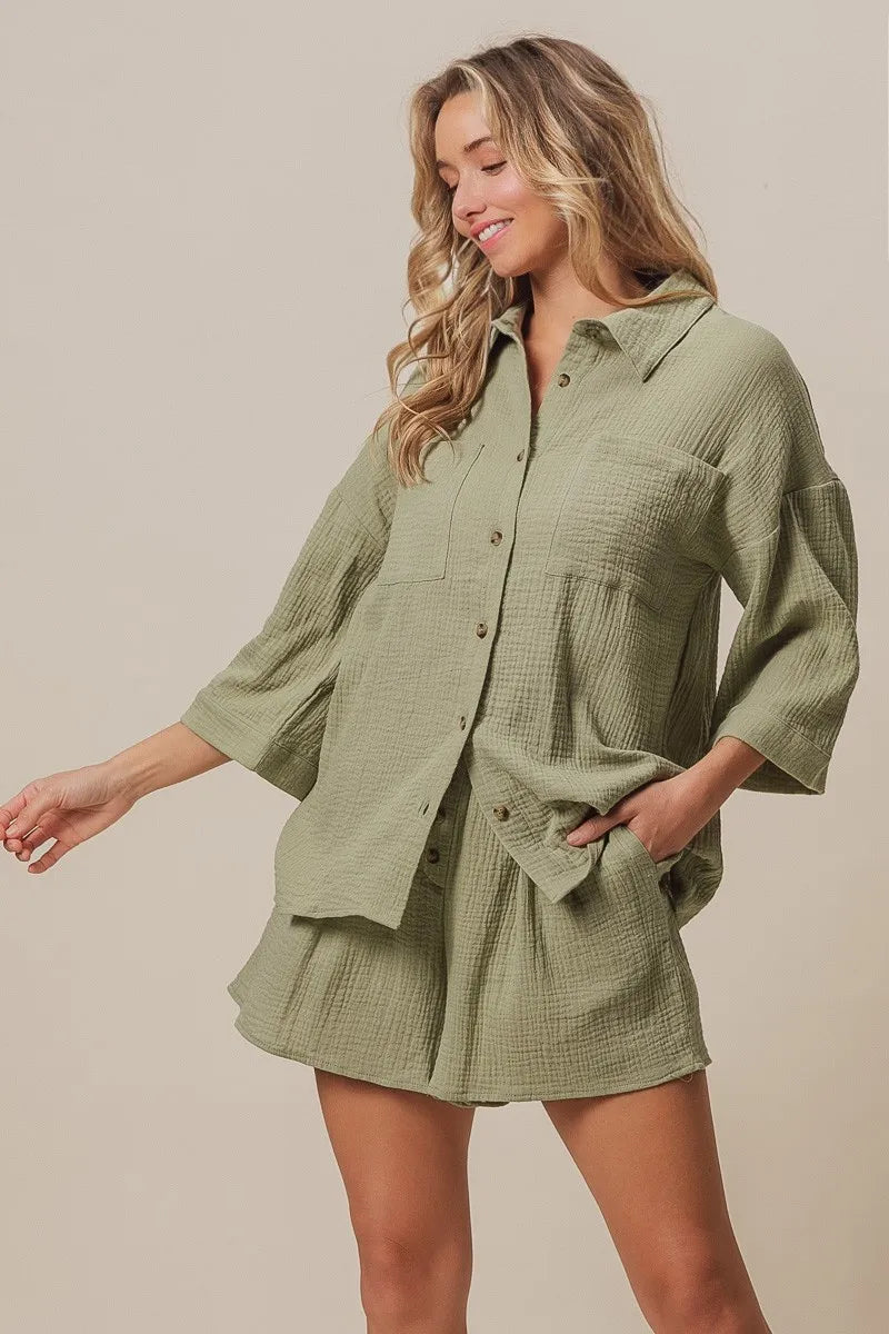 Sage Bibi Crinkle Gauze Shirt And Short Set