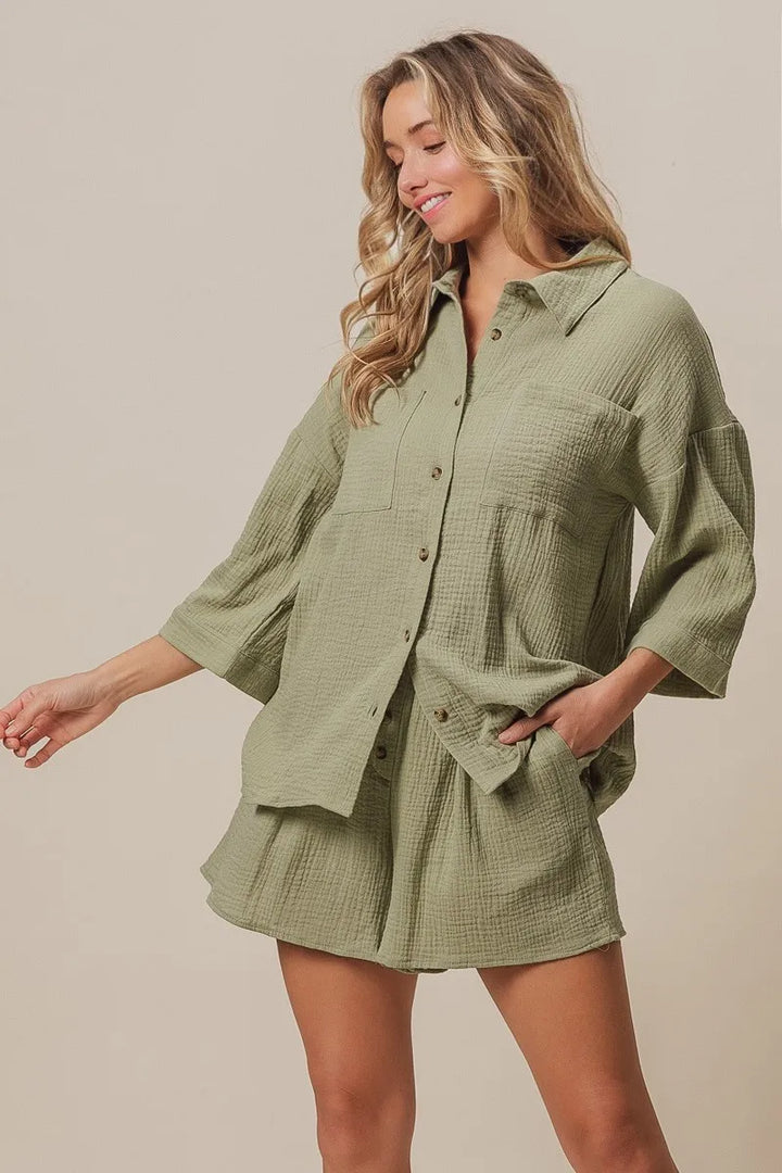 Sage Bibi Crinkle Gauze Shirt And Short Set