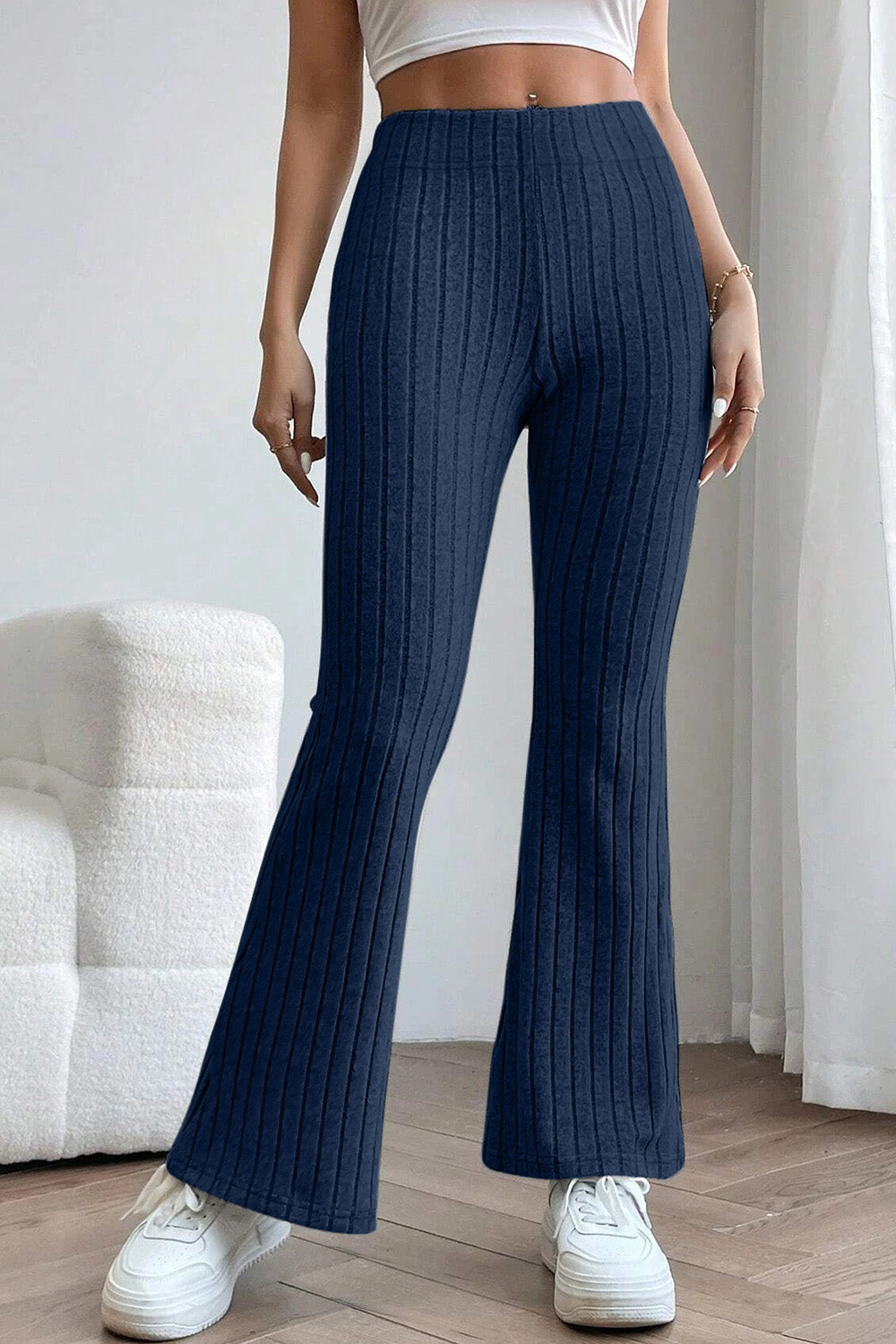 Dark Blue Basic Bae Full Size Ribbed High Waist Flare Pants
