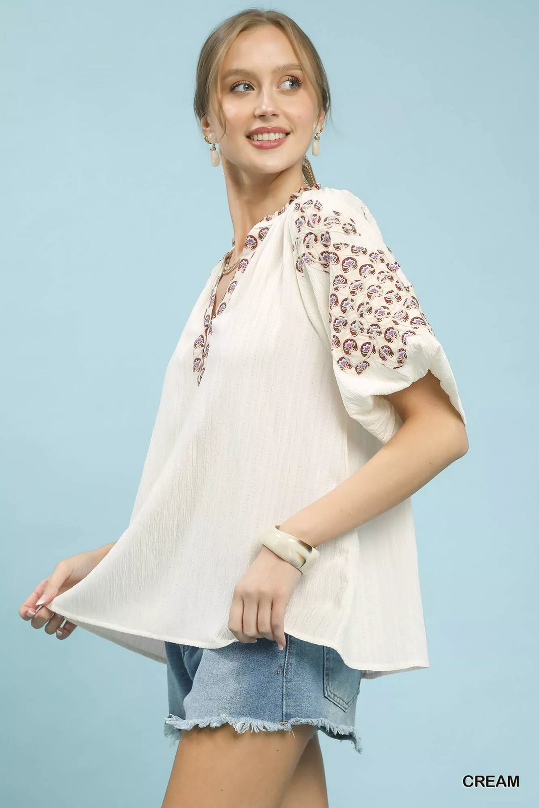 Cream Umgee Embroidered Sleeve Contrast Trim Top