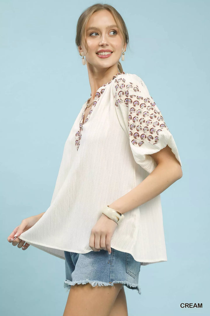 Cream Umgee Embroidered Sleeve Contrast Trim Top