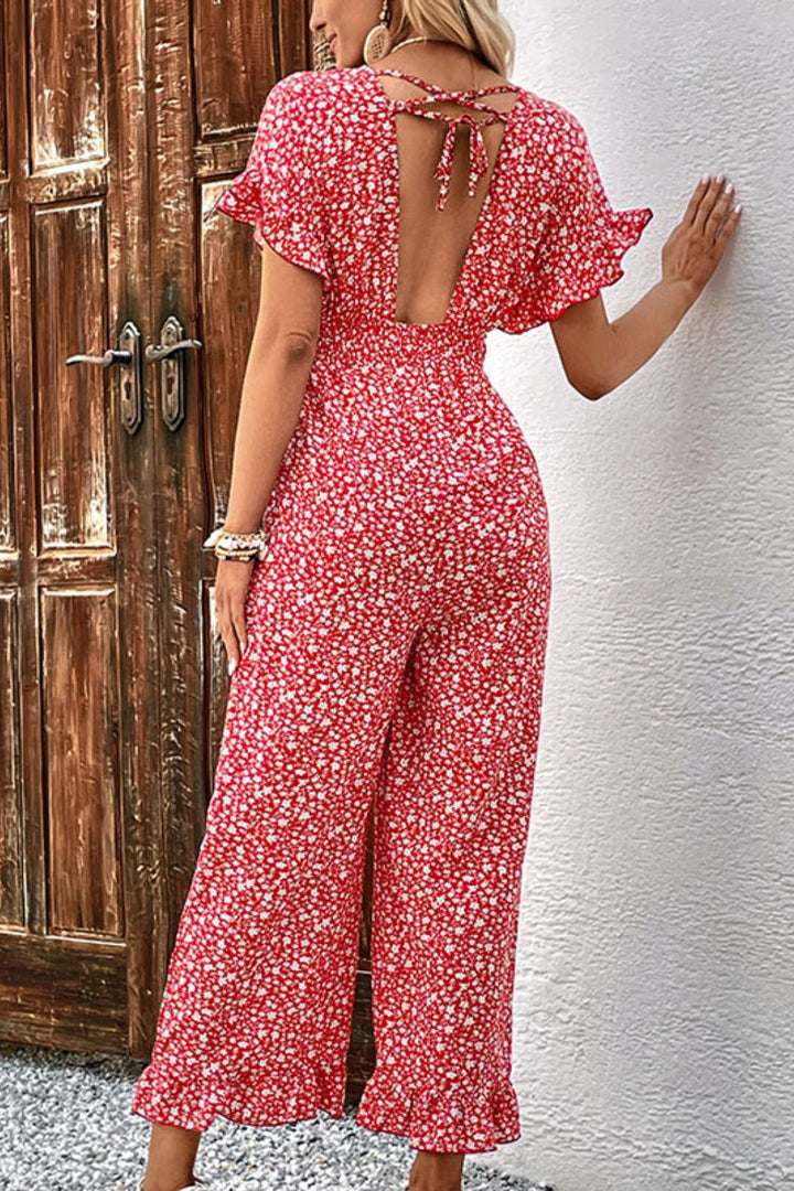 Floral Perfee Printed Tie Back Ruffled Jumpsuit