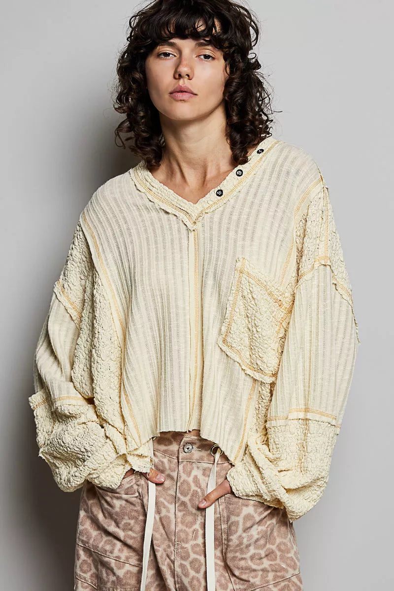Natural Pol V Neck Long Sleeve Top With Stitch Detail 1