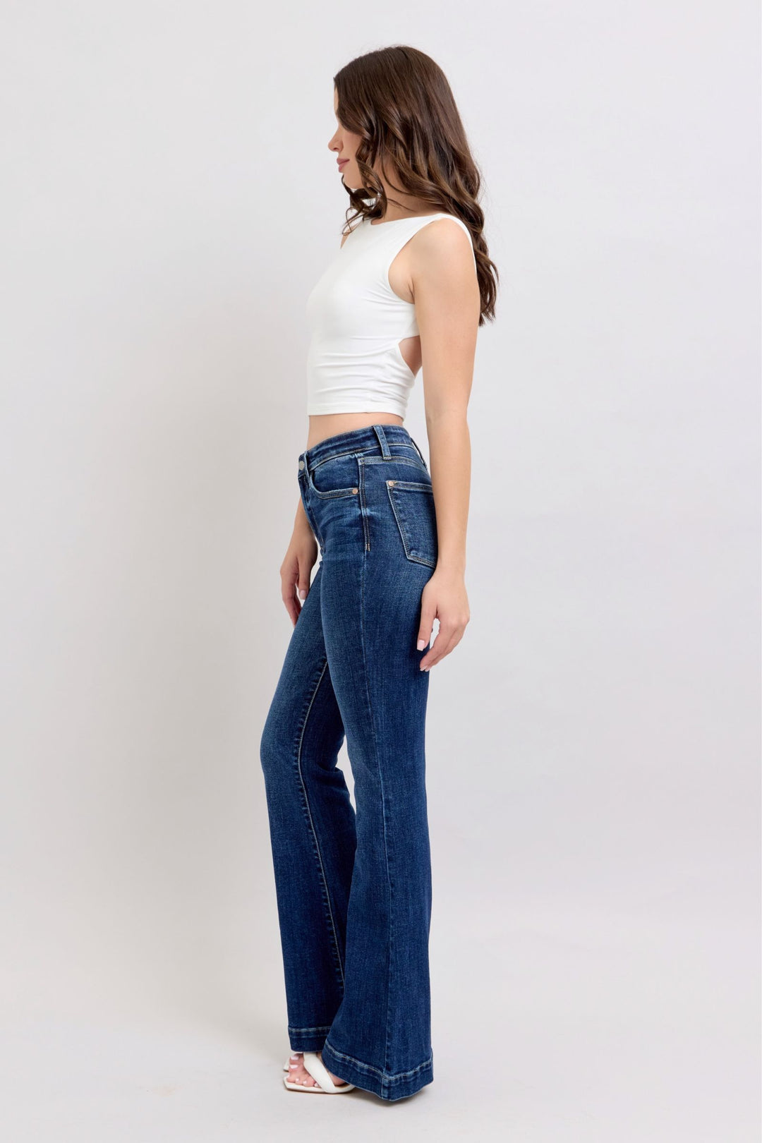 Dark Judy Blue Full Size High Rise Flare Jeans With Pockets Plus Size
