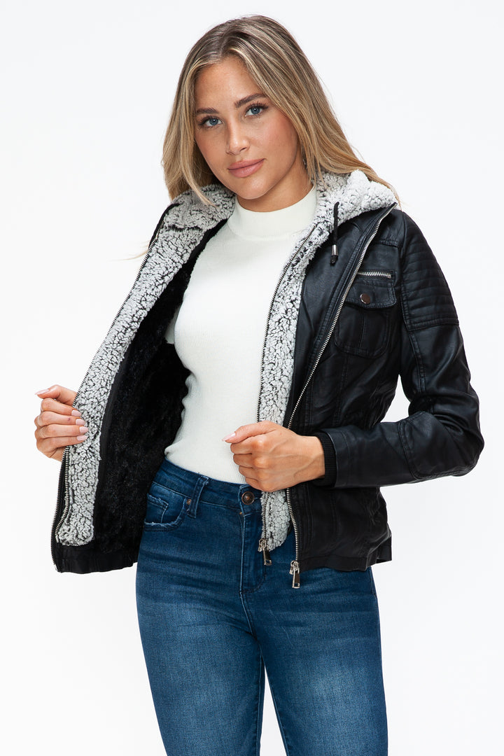 Ymi Removable Faux Layered Multi Pocket Jacket With Fuzzy Hood