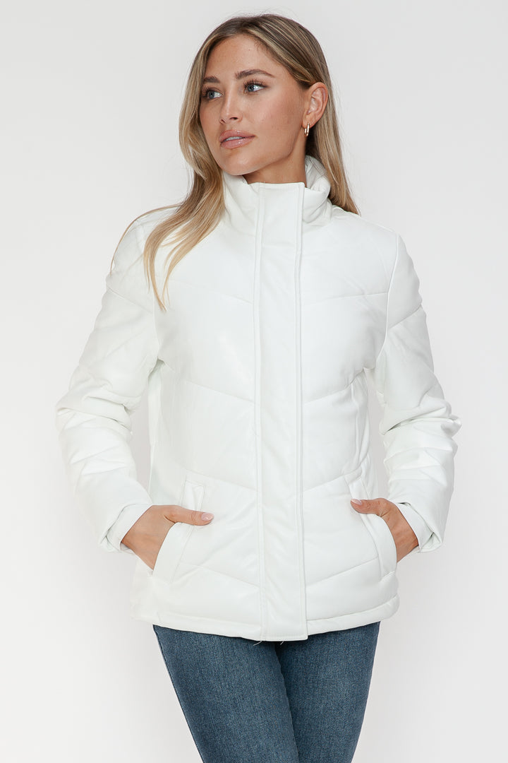 White Snobbish Pocketed Zip Up Turtleneck Puffer Jacket