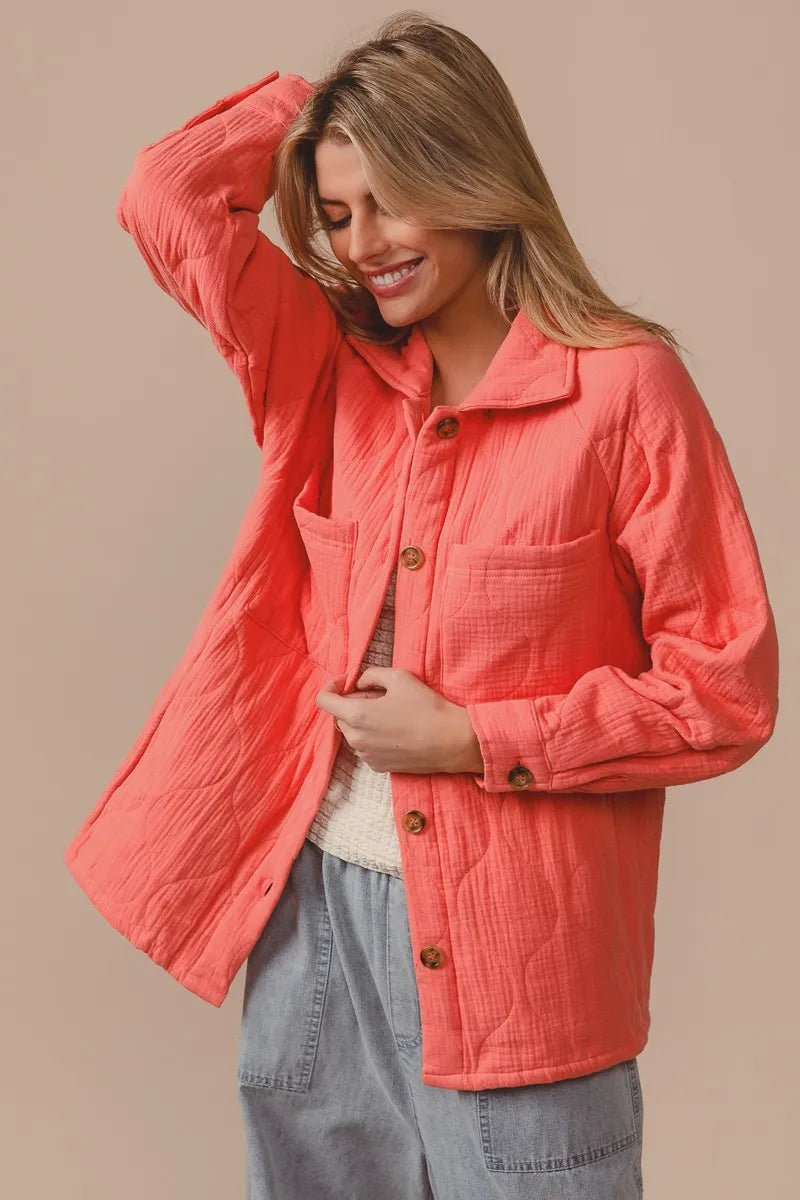 Coral Bibi Quilted Wrinkle Gauze Long Sleeve Shacket 1