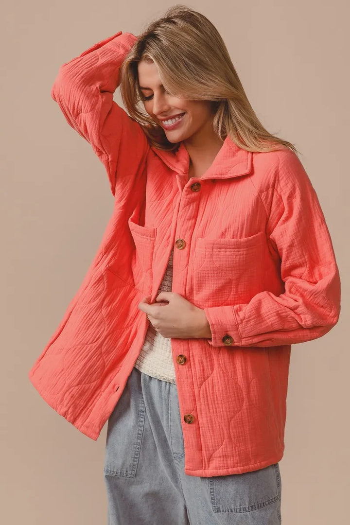 Coral Bibi Quilted Wrinkle Gauze Long Sleeve Shacket 1