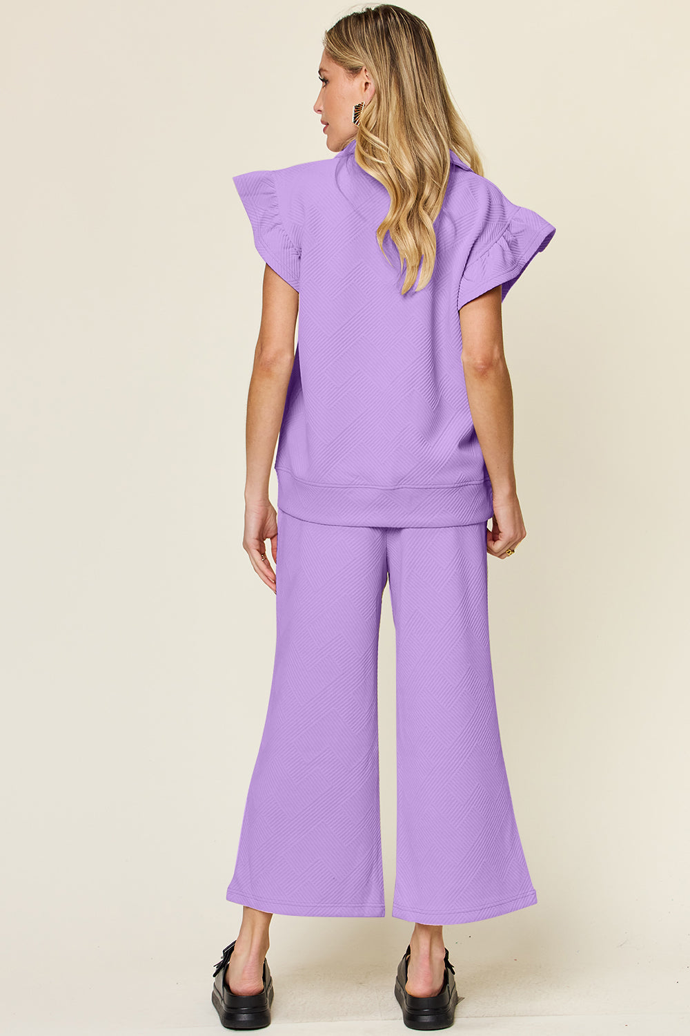 Royal Blue Double Take Texture Ruffle Short Sleeve Top And Drawstring Wide Leg Pants Set