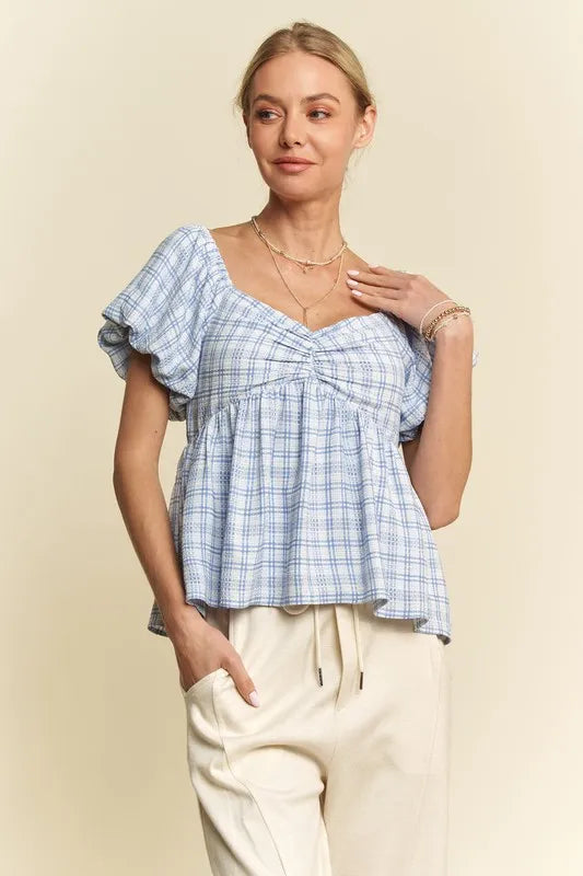 Davi Dani Plaid Puff Sleeves Ruffled Smocked Blouse