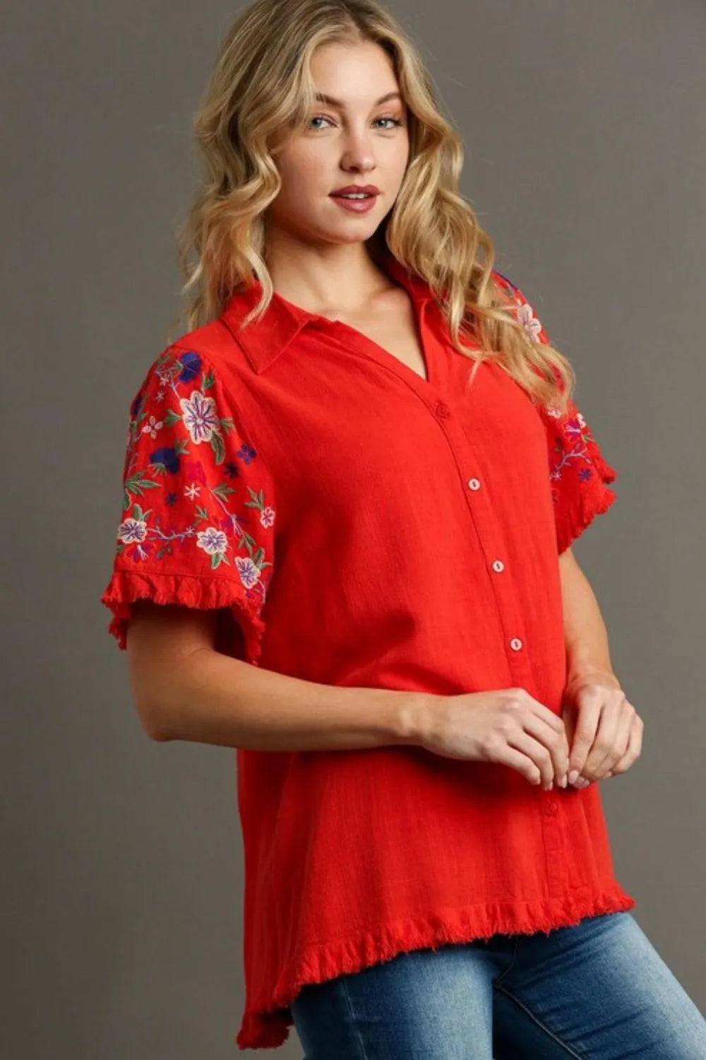 Red Umgee Full Size Linen Shirt With Embroidered Sleeves Plus Size 1