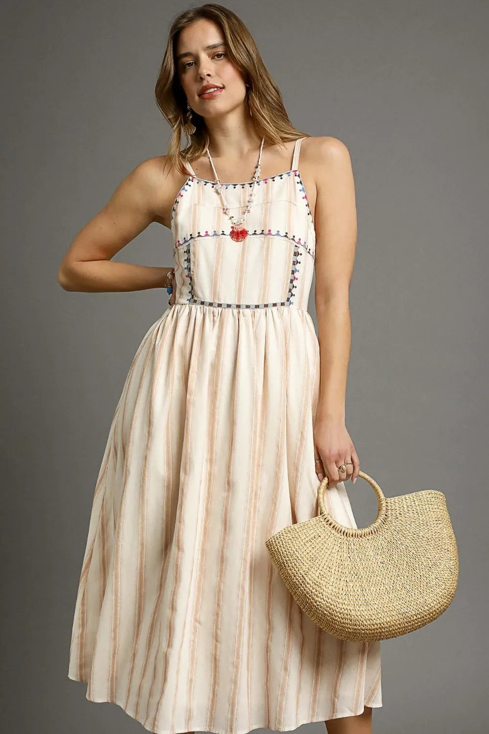 Tan Umgee Striped Colorful Embroidered Trim Cami Dress