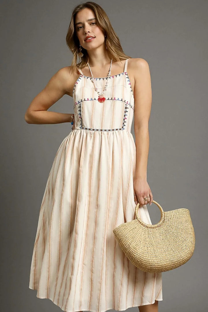 Tan Umgee Striped Colorful Embroidered Trim Cami Dress