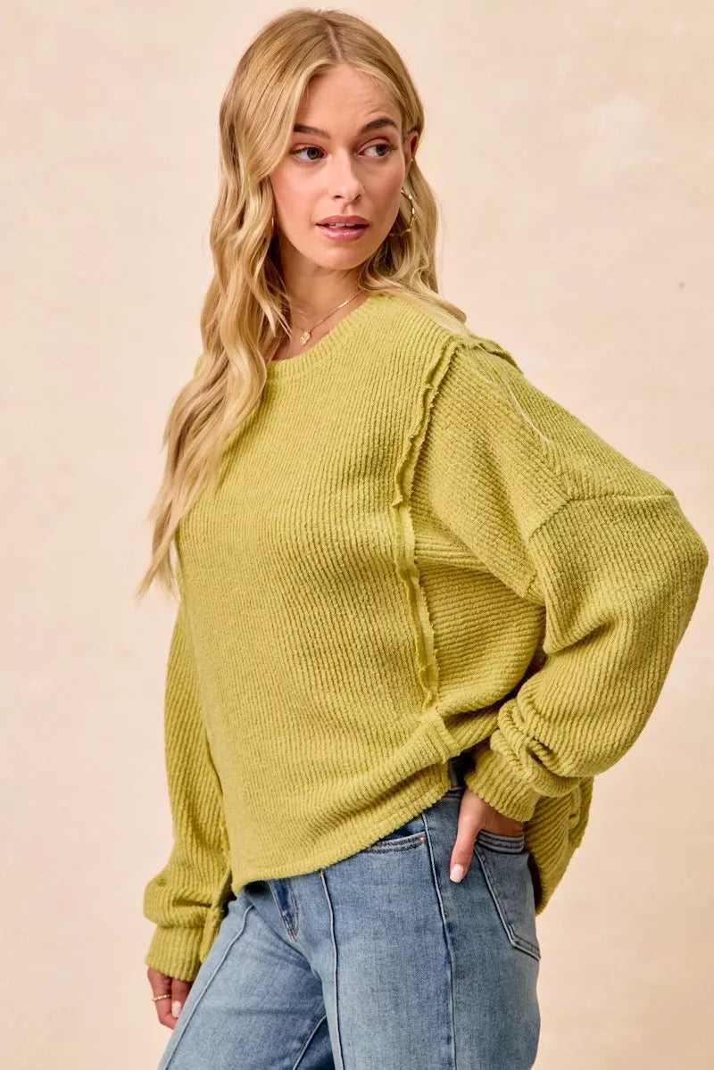Lime Bibi Boucle Rib Knit Uneven Hem Sweater With Open Seam
