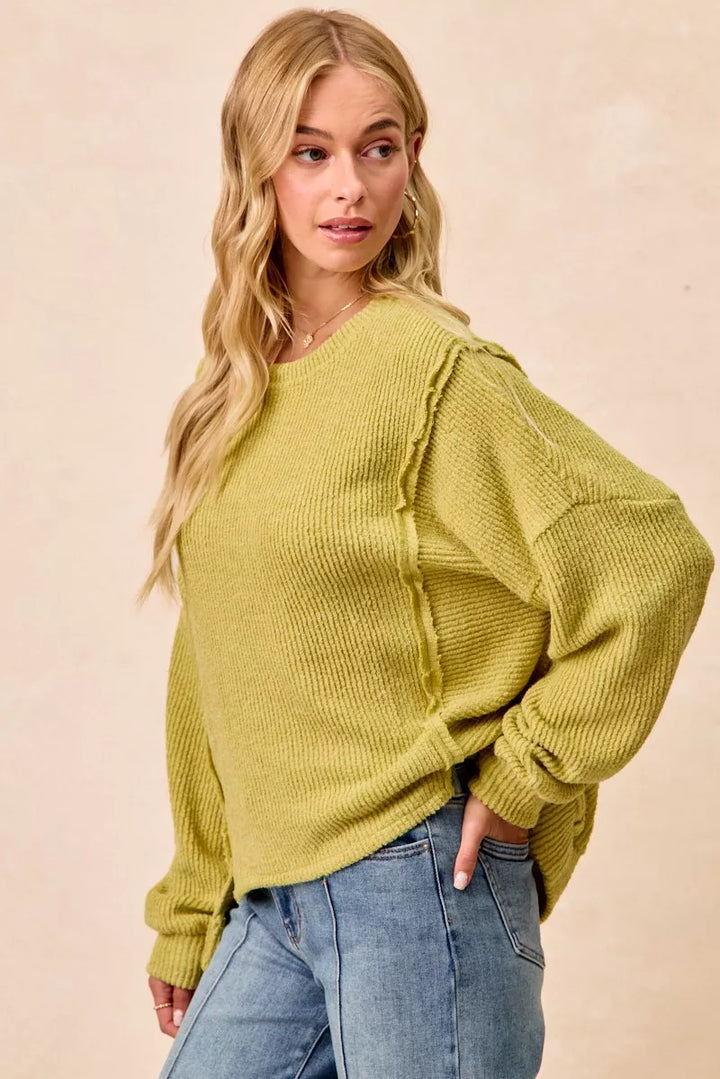 Lime Bibi Boucle Rib Knit Uneven Hem Sweater With Open Seam
