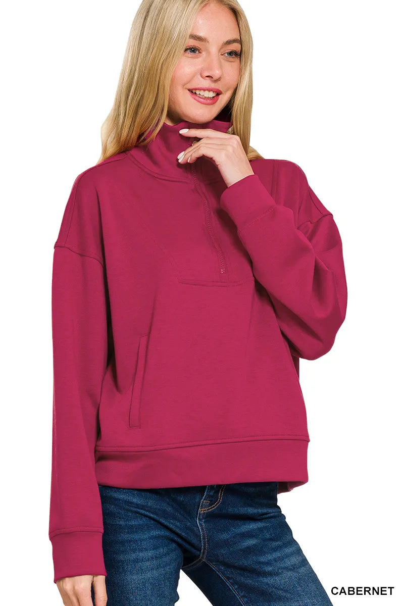 Cabernet Zenana Scuba Half Zip Sweatshirt With Pockets